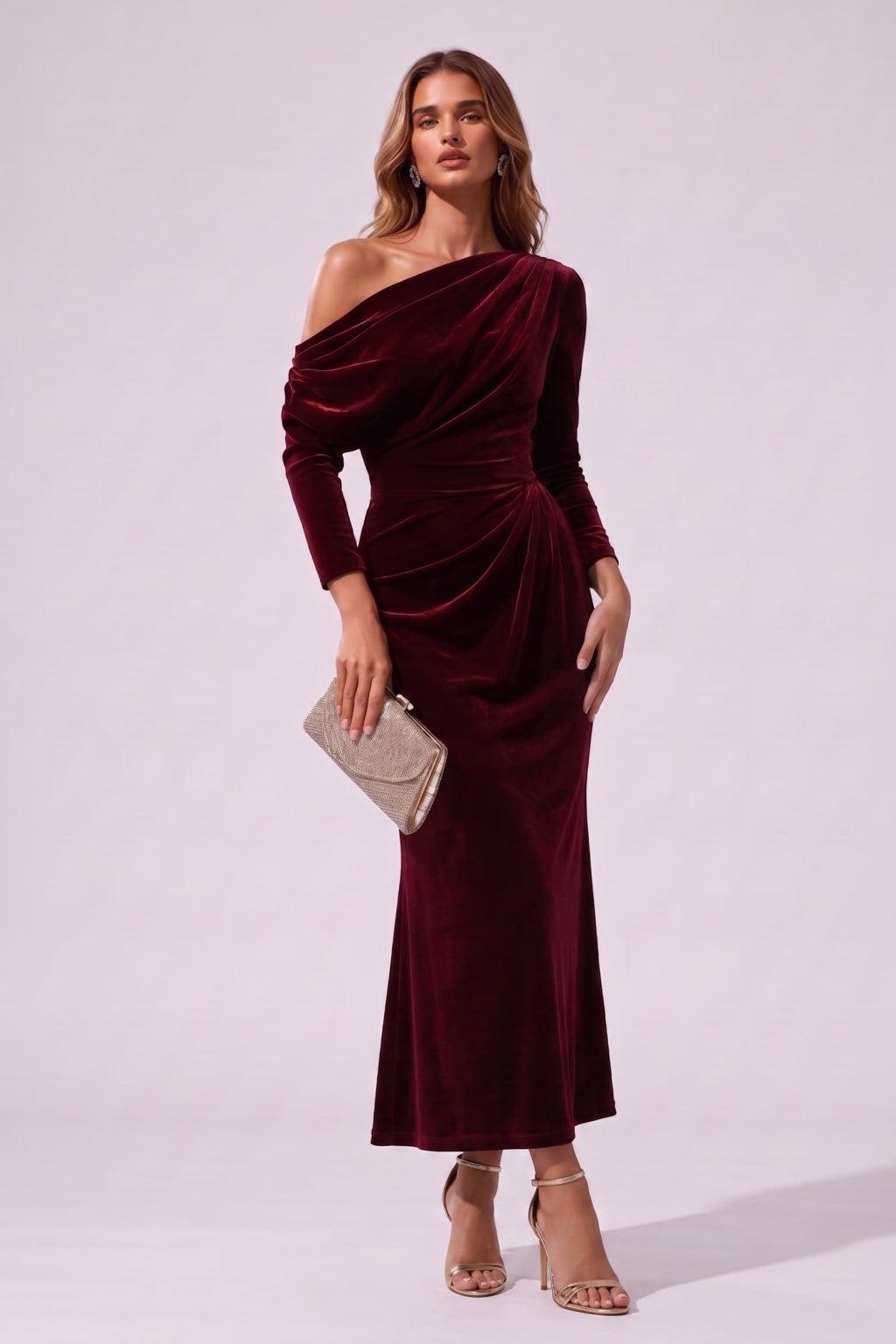 Sheath-Column Ankle Length Velvet Wedding Guest Dress CG0368 - Wine - COCOMELODY